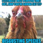 Chicken Week, April 2-8, a JBmemegeek & giveuahint event! | I LITERALLY JUST PLOPPED THAT OUT, AND YOU'RE GONNA EAT IT? DISGUSTING SPECIES | image tagged in revenge chicken,memes,chicken week,jbmemegeek,giveuahint,theme week stream | made w/ Imgflip meme maker