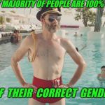 And bathing suits help! | THE VAST MAJORITY OF PEOPLE ARE 100% CERTAIN; OF  THEIR  CORRECT  GENDER | image tagged in captain obvious bathing suit,gender,captain obvious | made w/ Imgflip meme maker