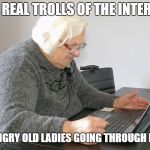 angry senior on computer | THE REAL TROLLS OF THE INTERNET; ARE JUST ANGRY OLD LADIES GOING THROUGH MENOPAUSE | image tagged in angry senior on computer | made w/ Imgflip meme maker