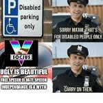 disabled parking | UGLY IS BEAUTIFUL; FREE SPEECH IS HATE SPEECH; INDEPENDANCE IS A MYTH | image tagged in disabled parking | made w/ Imgflip meme maker