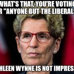 Kathleen Wynne | WHAT'S THAT, YOU'RE VOTING FOR "ANYONE BUT THE LIBERALS?"; KATHLEEN WYNNE IS NOT IMPRESSED. | image tagged in kathleen wynne | made w/ Imgflip meme maker