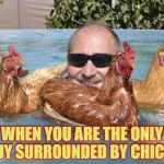 Who gives a cluck | WHEN YOU ARE THE ONLY GUY SURROUNDED BY CHICKS | image tagged in hot chick magnet,chickens,ba caw,birdy call memes | made w/ Imgflip meme maker