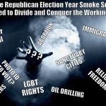 smoke handsss | Beware Republican Election Year Smoke Screens designed to Divide and Conquer the Working Class. ABORTION; IMMIGRATION; Border  Wall; ? ? ? SANCTUARY CITIES; PHOTO ID TO VOTE? RELIGIOUS FREEDOM ACT; LGBT RIGHTS; ARMED TEACHERS; OIL DRILLING | image tagged in smoke handsss | made w/ Imgflip meme maker