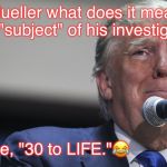 Trump Scared | I asked Mueller what does it mean to be the "subject" of his investigation? He told me, "30 to LIFE."😂 | image tagged in trump scared | made w/ Imgflip meme maker