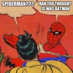 Spiderman Slapping Robin | HAH YOU THOUGHT IS WAS BATMAN; SPIDERMAN??? | image tagged in spiderman slapping robin | made w/ Imgflip meme maker