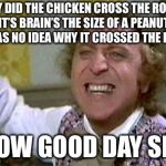 wonka pissed | WHY DID THE CHICKEN CROSS THE ROAD? IT’S BRAIN’S THE SIZE OF A PEANUT IT HAS NO IDEA WHY IT CROSSED THE ROAD; NOW GOOD DAY SIR | image tagged in wonka pissed,memes,chicken week,why the chicken cross the road | made w/ Imgflip meme maker