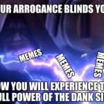 The power of the dank side | YOUR ARROGANCE BLINDS YOU! MEMES; MEMES; MEMES; MEMES; NOW YOU WILL EXPERIENCE THE FULL POWER OF THE DANK SIDE; MEMES | image tagged in palpatine lightning | made w/ Imgflip meme maker