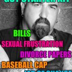 Sixty-year-old guy starter kit | SIXTY-YEAR-OLD GUY STARTER KIT; BILLS; SEXUAL FRUSTRATION; DIVORCE PAPERS; BASEBALL CAP; JAR OF CHANGE; WATCH COLLECTION | image tagged in bald biker,starter pack,x starter pack | made w/ Imgflip meme maker