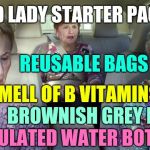 Old lady starter pack | OLD LADY STARTER PACK; REUSABLE BAGS; SMELL OF B VITAMINS; BROWNISH GREY BANGS; INSULATED WATER BOTTLE | image tagged in old ladies,blank starter pack,x starter pack,starter pack | made w/ Imgflip meme maker