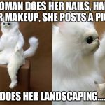 Persian Cat Guardian | WOMAN DOES HER NAILS, HAIR, OR MAKEUP, SHE POSTS A PIC... DOES HER LANDSCAPING.... | image tagged in persian cat guardian | made w/ Imgflip meme maker