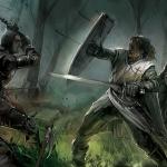 epic fantasy painting shield blocking strike