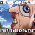 Attack on titan | WHEN YOUR MOM SAYS YOUR; BEAUTIFUL BUT YOU KNOW THAT’S A LIE | image tagged in attack on titan | made w/ Imgflip meme maker