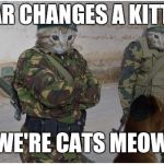 Soldier cats | WAR CHANGES A KITTEN; WE'RE CATS MEOW | image tagged in soldier cats | made w/ Imgflip meme maker