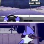 Mordecai driving | CALLING PEOPLE PIGS; KAYDEN KRUSE | image tagged in mordecai driving | made w/ Imgflip meme maker