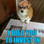 Should've listened... :) | I TOLD YOU TO INVEST IN GOLD, DIDN'T I? | image tagged in newspaper dog,memes,investments,money | made w/ Imgflip meme maker