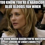 Am I right, or am I right? | YOU KNOW YOU’RE A HARDCORE BLUE BLOODS FAN WHEN; YOU KNOW WHICH SEASON YOU’RE WATCHING BY LOOKING AT LINDA’S HAIRSTYLE | image tagged in linda reagan blue bloods | made w/ Imgflip meme maker