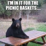 Bear at Picnic Table | I'M IN IT FOR THE PICNIC BASKETS..... | image tagged in bear at picnic table,yogi bear,meme,memes,jokes,funny | made w/ Imgflip meme maker