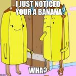 whats wrong with bananas | I JUST NOTICED YOUR A BANANA; WHA? | image tagged in lenny face guard,adventure time | made w/ Imgflip meme maker
