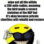 Recreational McNuke™ | When a bird lands on your unstable recreational McNuke™ causing it to wipe out all life within a 280-mile radius, meaning the bird made a severe violation of the NAP but it's okay because private charities will rebuild and restore | image tagged in ancap,ancapistan,anarchyball,libertarian,recreational mcnukes | made w/ Imgflip meme maker