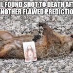 Dead groundhog | PHIL FOUND SHOT TO DEATH AFTER ANOTHER FLAWED PREDICTION | image tagged in dead groundhog | made w/ Imgflip meme maker
