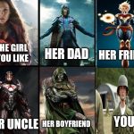 the girl you like | HER DAD; HER FRIEND; THE GIRL YOU LIKE; HER UNCLE; YOU; HER BOYFRIEND | image tagged in the girl you like | made w/ Imgflip meme maker