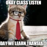 cat teacher | OKAY CLASS LISTEN; TODAY WE LEARN TRANSLATION | image tagged in cat teacher | made w/ Imgflip meme maker