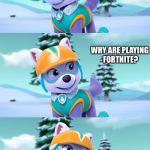 PAW Patrol Bad Pun Everest  | HEY! WHY ARE PLAYING FORTNITE? BECAUSE YOU'RE ADDICTED TO IT. | image tagged in paw patrol bad pun everest | made w/ Imgflip meme maker