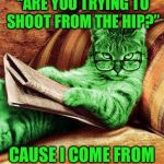 Factual RayCat | I SAID TO THE MAN “ARE YOU TRYING TO SHOOT FROM THE HIP?”; CAUSE I COME FROM THE LAND OF IMGFLIP | image tagged in memes,politics,gender identity,feminism,repost police,racism | made w/ Imgflip meme maker