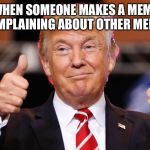 Lol ok | WHEN SOMEONE MAKES A MEME COMPLAINING ABOUT OTHER MEMES | image tagged in donald trump thumbs up,memes,donald trump,imgflip users,trump | made w/ Imgflip meme maker