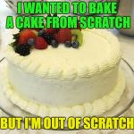 mmmmmm cake | I WANTED TO BAKE A CAKE FROM SCRATCH; BUT I'M OUT OF SCRATCH | image tagged in chantilly,cake,memes | made w/ Imgflip meme maker