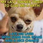 True story... :) | MY LAST OWNER TRIED TO GIVE ME A BATH; I ATE HIS LIVER WITH SOME FAVA BEANS AND A NICE CHIANTI | image tagged in smirking dog,memes,silence of the lambs | made w/ Imgflip meme maker