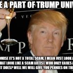 Donald Trump Cheers | COME BE A PART OF TRUMP UNIVERSITY; WE PROMISE IT'S NOT A TOTAL SCAM, I MEAN JUST LOOK AT THAT FACE? DOES THAT LOOK LIKE A SCAM ARTIST WHO ONLY CARES ABOUT TAKING YOUR MONEY? IT DOES? WELL WE WILL GIVE YOU PENNIES ON THE DOLLAR LATER! | image tagged in donald trump cheers | made w/ Imgflip meme maker