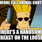 Johnny Bravo | SOMEONE CALL ANIMAL CONTROL; THERE'S A HANDSOME BEAST ON THE LOOSE | image tagged in johnny bravo | made w/ Imgflip meme maker