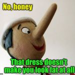 Once a male, always a male! LOL | No, honey; That dress doesn't make you look fat at all | image tagged in pinnochio | made w/ Imgflip meme maker