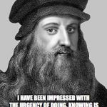 Leonardo Da Vinci | LEONARDO DA VINCI; I HAVE BEEN IMPRESSED WITH THE URGENCY OF DOING. KNOWING IS NOT ENOUGH; WE MUST APPLY. BEING WILLING IS NOT ENOUGH; WE MUST DO. | image tagged in leonardo da vinci | made w/ Imgflip meme maker