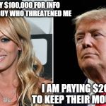 Stormy | I WILL PAY $100,000 FOR INFO ABOUT THE GUY WHO THREATENED ME; I AM PAYING $200,000 TO KEEP THEIR MOUTH SHUT | image tagged in stormy | made w/ Imgflip meme maker