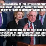 Idiot Dems | I TELL EVERYONE HOW TO LIVE. I STEAL FROM EVERYONE FOR GOOD REASONS . THOSE ACTS CREATE THE HATE FOR THE ALL THE JEWS AND WE GET ACTS OF VIOLENCE... WHICH IS JOBS FOR ALL; DEMOCRACY.... TEACHING JEWS THE ART OF STEALING BECAUSE EVEN THE JEWS CAN LIVE WITH LESS JEWS FOR STOLEN ENTITLEMENTS. 6,000,000 DEAD JEWS  AND GROWING FOR DEMOCRACY | image tagged in idiot dems | made w/ Imgflip meme maker
