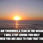 ocean | I AM THROWING A TEAR IN THE OCEAN. I WILL STOP LOVING YOU ONLY WHEN YOU ARE ABLE TO FIND THAT TEAR. | image tagged in ocean | made w/ Imgflip meme maker