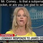 Kellyanne Conway Tongue 1 | So, Mr. Comey... Is that a subpena in your pocket, or are you just glad to see me? | image tagged in kellyanne conway tongue 1 | made w/ Imgflip meme maker