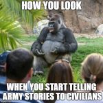 Literally, every time | HOW YOU LOOK; WHEN YOU START TELLING ARMY STORIES TO CIVILIANS | image tagged in professor gorilla,army,military humor,funny memes | made w/ Imgflip meme maker