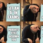 Why didnt you get an a** you dumb child | SHOW IT TO ASIAN PARENTS; GET AN A* IN EXAMS; PARENTS STILL DISOWN YOU; PARENTS STILL DISOWN YOU | image tagged in gru meme,asian parents | made w/ Imgflip meme maker