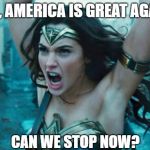 Ever wonder when it will end? | OK, AMERICA IS GREAT AGAIN; CAN WE STOP NOW? | image tagged in wonder woman rage,memes | made w/ Imgflip meme maker