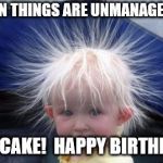 hair | WHEN THINGS ARE UNMANAGEABLE; EAT CAKE!  HAPPY BIRTHDAY! | image tagged in hair | made w/ Imgflip meme maker