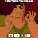 perfect | ELIZABETH HURLEY IN RED BIKINI; IT'S JUST RIGHT | image tagged in it's just right,new template | made w/ Imgflip meme maker