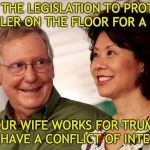 Protect Mueller - McConnell Conflict of Interest | PUT THE LEGISLATION TO PROTECT MUELLER ON THE FLOOR FOR A VOTE! YOUR WIFE WORKS FOR TRUMP! YOU HAVE A CONFLICT OF INTEREST! | image tagged in mitch mcconnell and his wife,conflict of interest,elaine chao,robert mueller,mueller protection,law | made w/ Imgflip meme maker