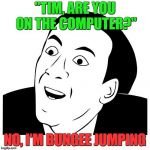 Rhetorical Questions | "TIM, ARE YOU ON THE COMPUTER?"; NO, I'M BUNGEE JUMPING | image tagged in you don't say | made w/ Imgflip meme maker