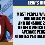 most people walk around 900 miles per year | LEW'S VIEWS; MOST PEOPLE WALK AROUND 900 MILES PER YEAR AND CONSUME 22 GALLONS OF BEER
WHICH MEANS THE AVERAGE PERSON GETS 41 MILES PER GALLON NOT BAD! | image tagged in coollews views | made w/ Imgflip meme maker