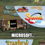 Nintendo is Dangerous | OMG WHAT COULD BE WORSE THAN A HIGH QUALITY ZELDA GAME; OH I KNOW; A HIGH QUALITY MARIO GAME; INDIE AND THIRD PARTY SUPPORT; MICROSOFT... YEAH SONY? I DON'T THINK THE SWITCH CAN GET MUCH BIGGER; NONSENSE; NO WAIT STOP! | image tagged in spongebob two giant paint bubbles,memes,nintendo,sony,microsoft,video games | made w/ Imgflip meme maker