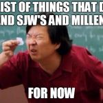 Small List | THE LIST OF THINGS THAT DON'T OFFEND SJW'S AND MILLENIALS; FOR NOW | image tagged in small list | made w/ Imgflip meme maker