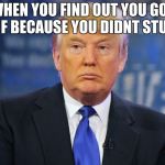 Donald trump sad meme | WHEN YOU FIND OUT YOU GOT AN F BECAUSE YOU DIDNT STUDY. | image tagged in donald trump sad meme | made w/ Imgflip meme maker